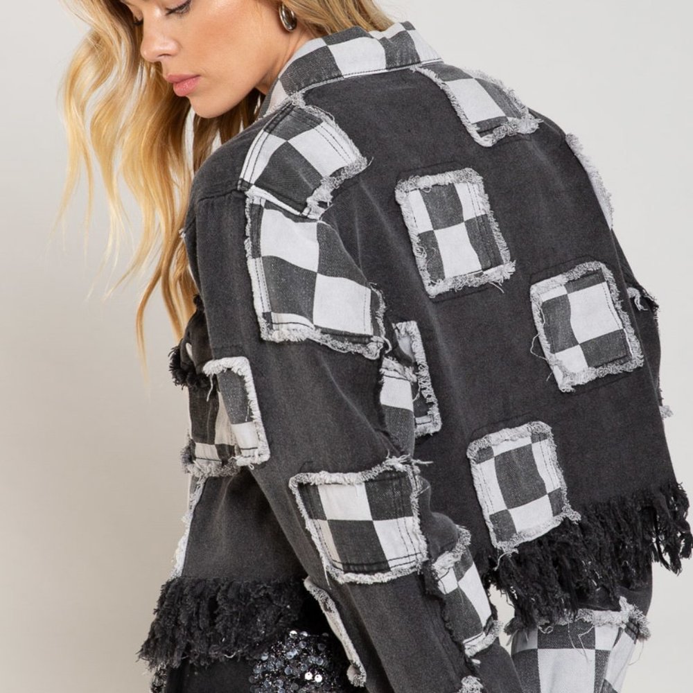 Designer black boho chic cropped fringe edge jean Jacket.